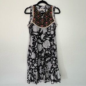 A & Eva Cambodian Fashion 100% Linen‎ Dress Floral Embroidered Fringe Size Small